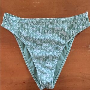Light Green with Flowers Curvy High-Waist Ribbed Bikini Bottom